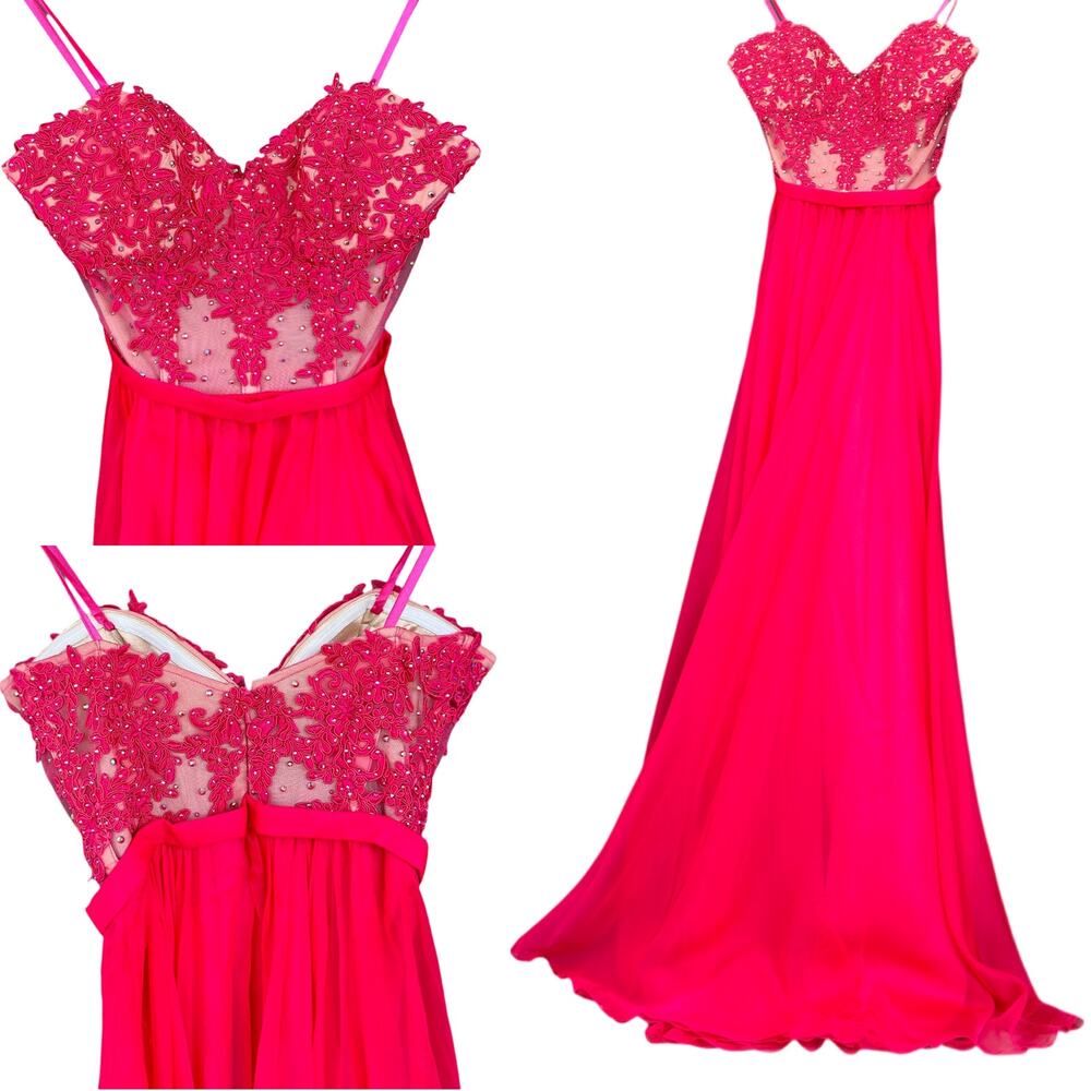 Le Femme Pink Strapless Chiffon Rhinestone Tulle Gown with Sheer Lace Bodice 00